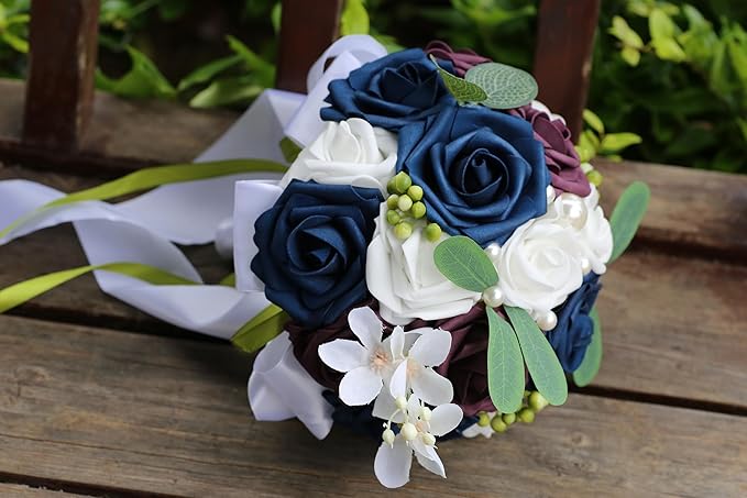 Lightweight Bridal Wedding Bouquet Round Holding Bouquet Throw Toss Artificial Rose Flower Bunch for Bride Bridesmaid Wedding Quinceanera (White, Navy & Dark Puce, 6.7")