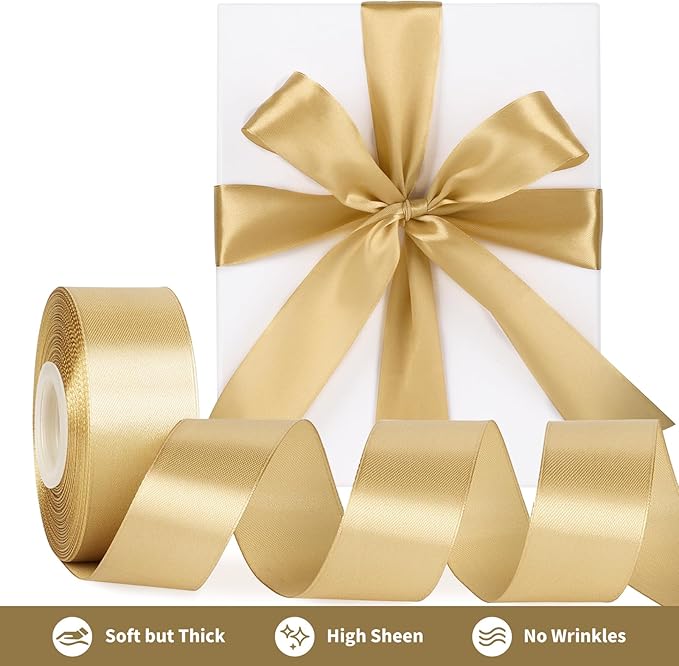 1-1/2 Inch Wide Champaign Gold Satin Ribbon, 50 Yards Solid Polyester Fabric Ribbon for Roses Making, Gift Wrapping, Christmas, Wedding Decorations, Crafts, Bows