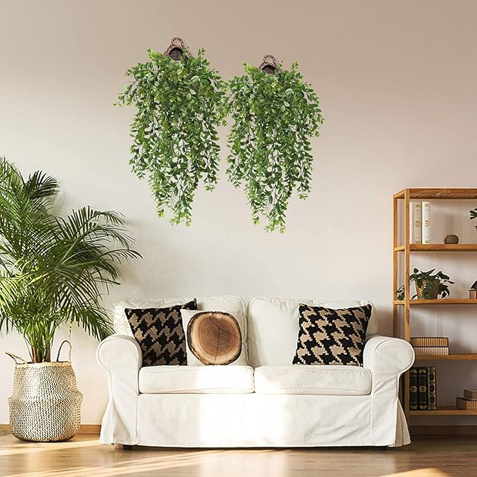 Fake Hanging Vines, Artificial Vine Plastic Green Leaves Plants UV Resistant Greenery Plant for Indoor Outdoor Garden Office Bathroom Decor Wedding Party Christmas Baskets DIY Decoration 2 Pack