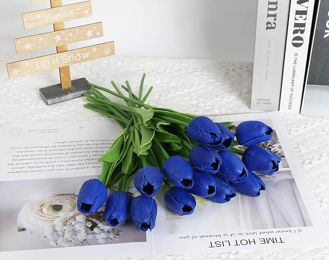 IPOPU 24 PCS Royal Blue Flowers Tulips Artificial Flowers Real Touch Blue Tulips Faux Flowers for Home Table Decor Wedding Bouquet Party Baby Shower Centerpieces Bridal Bouquet Decor (Blue)