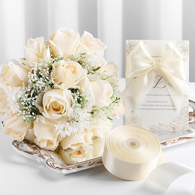 1-1/2 Inches 100 Yards Ivory Satin Ribbon, Solid Fabric Ribbon Roll for Flower Bouquets, Gift Wrapping, Wedding, Handmade Crafts