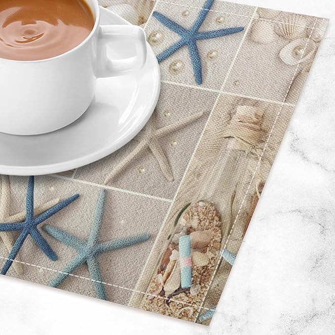 Nautical Themed Placemats Coastal Lighthouse Starfish Collage Plaid Art Printed Dining Table Mats Set of 4 for Restaurant Home Kitchen Holiday Picnic Party Decor 12x18in
