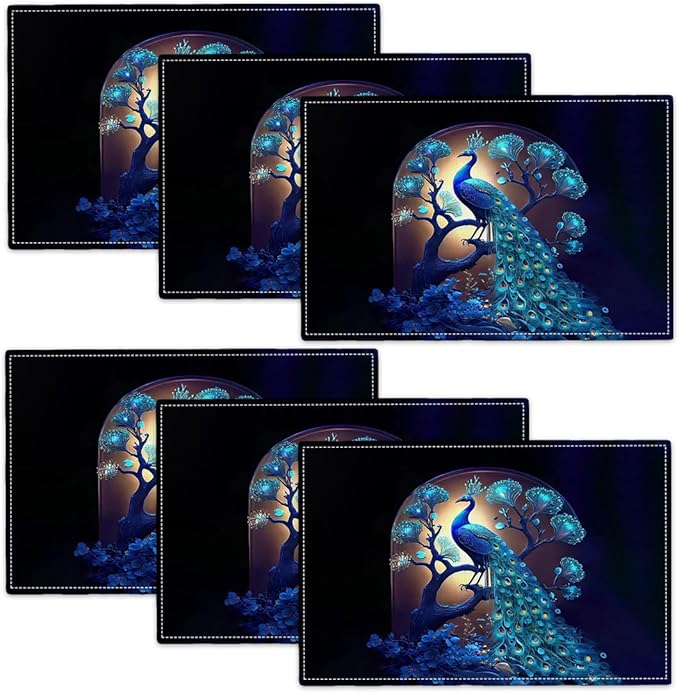Blue Peacock Placemats Set of 6, Peacock Tree Place Mats Washable Double-Sided Table Mats for Kitchen Dining Room Home Party Indoor Decor 6 PCS 12x18 Inch
