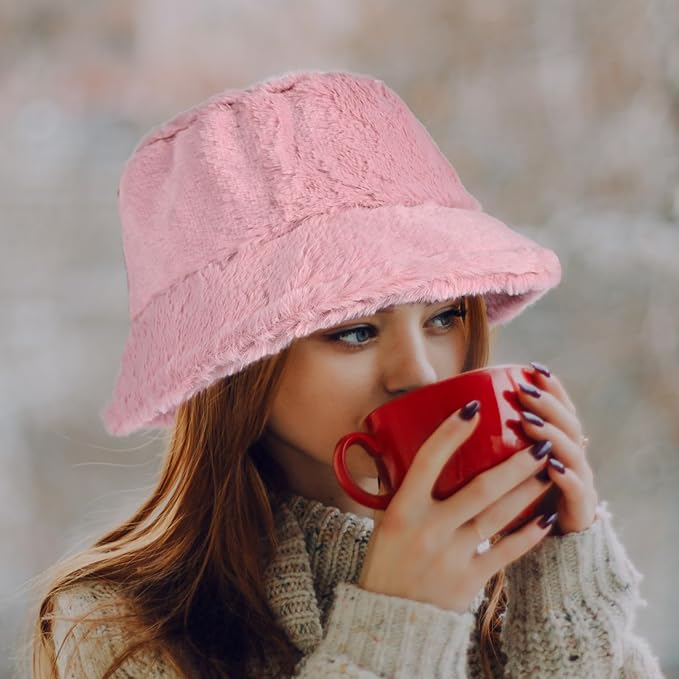 Winter Soft Faux Fur Plush Bucket Hat, Lovely Fisherman Cap, Fashion Outdoor Thick Warm Sun Cap for Women