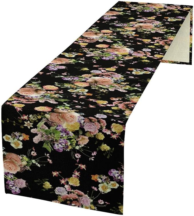 Vintage Floral Table Runner,Gothic Retro Flowers Spring Summer Seasonal Table Runner for Home Kitchen Table Dining Indoor Outdoor Party Decor 13x108 Inch
