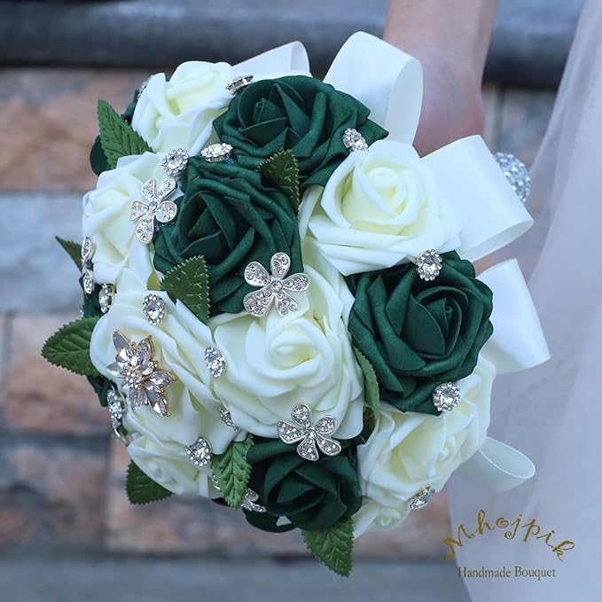 Lightweight Bridal Wedding Bouquet Round Holding Bouquet Throw Toss Artificial Rose Flower Bunch for Bride Bridesmaid Wedding Quinceanera (Cream & Dark Green, 6.7")