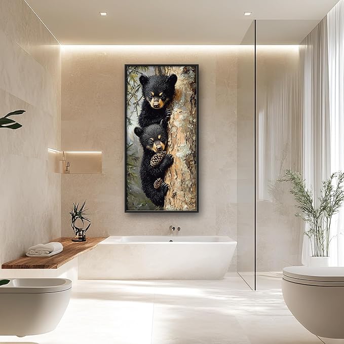 Cabin Bear Large Wall Art Black Bear Cubs Pictures Wall Decor Rustic Forest Animals Lodge Canvas Prints Wildlife Painting Framed Artwork Decoration for Nursery Bedroom Living Room Office 30"x60"