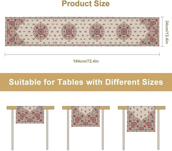 Bohemian Floral Table Runner, Vintage Ethnic Mandala Pink Flowers Boho Design Table Runner for Kitchen Dining Party Wedding, 13x120 Inch
