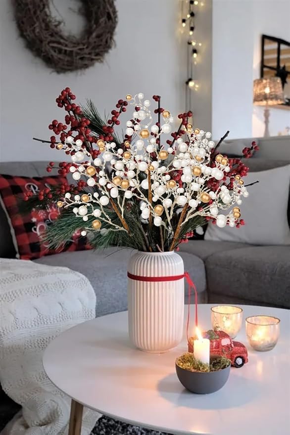 Hollyone 4 Pack Artificial Christmas Glitter Berries Stems, 19 Inch Fake White and Gold Holly Berry Picks with Ice Snow for Christmas Tree Wreath Floral Arrangements Holiday Home Vase DIY Crafts Decor
