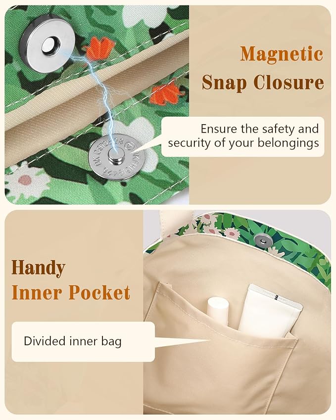 Aesthetic Cotton Tote Bag for Women - Reusable Shoulder Bag with Buckle Fabric Bag for Gym, Travel, Work