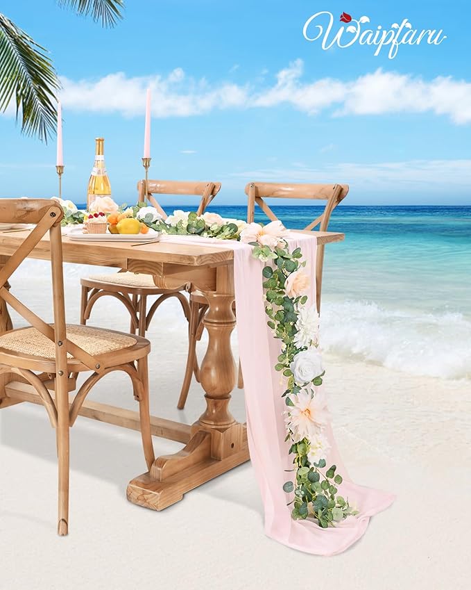 Waipfaru 6.07Ft Eucalyptus Greenery Garland with Flowers, Dusty Blue and White Rose Flower Vines for Wedding Table Runner Centerpieces Backdrop Room Decor