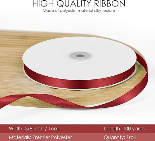 100 Yards 3/8 inch Satin Ribbon, Fabric Ribbon Solid Color Perfect for Gift Wrapping, Wedding, Handmade Bows, Floral Bouquets and Party Decoration(Wine red)