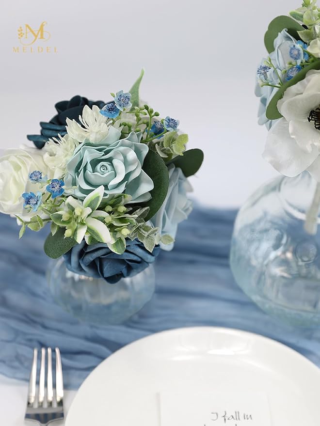 Meldel Blue Wedding Bouquet Set of 6, Mini Bridesmaid Bride Bouquets, Small Bridal Flowers, Fake Flower Artificial Floral Wedding Centerpieces Decor Party Prom