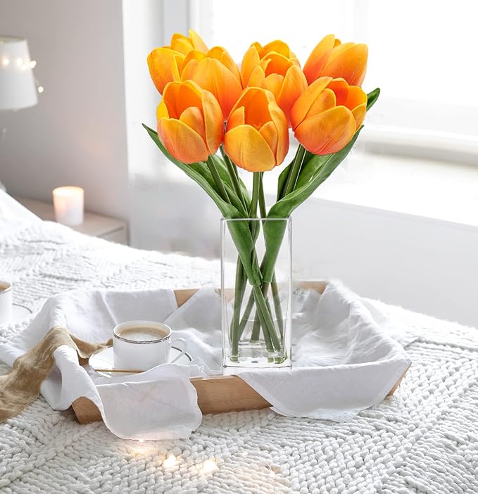 Briful Fake Flowers Artificial Tulip Flower Orange in Clear Vase, Real Touch Foam Tulip Arrangement Suitable for Home Office Decoration, Dining Table Centerpiece