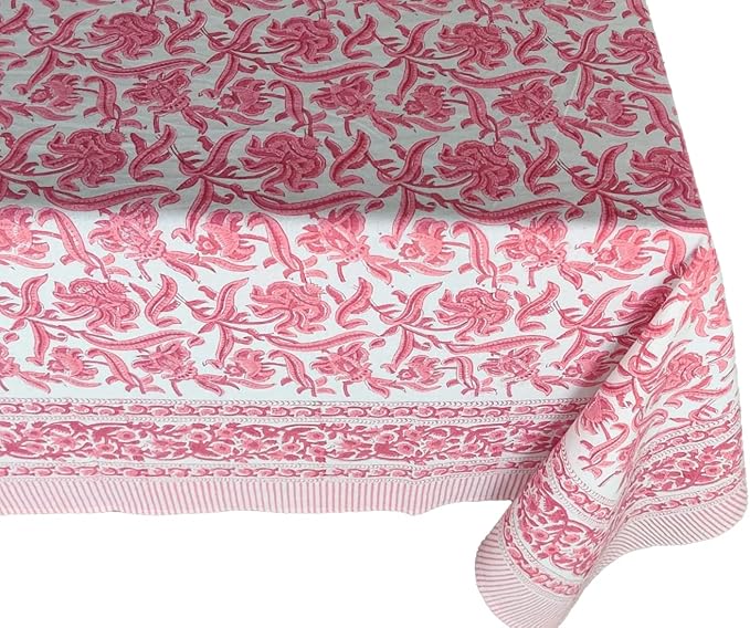 ATOSII Red Bloom 100% Cotton Rectangle Tablecloth, Block Print Floral Linen Table Cloth for Dining Parties Outdoors Weddings Holidays I 72 X 140 Inches, 12 Seater, Summer Farmhouse Grandmillennial