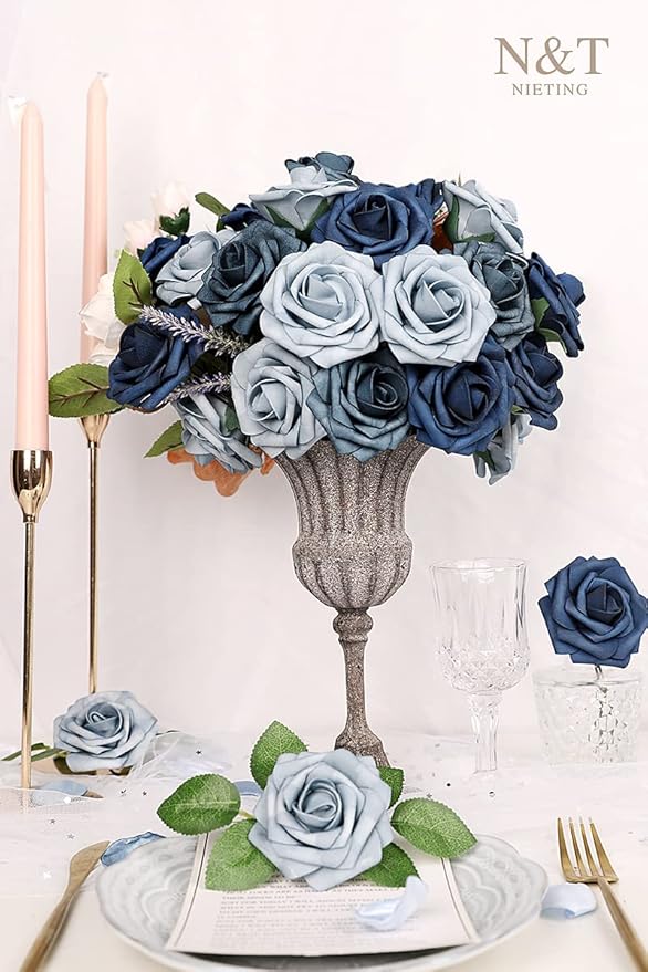 N&T NIETING Fake Roses,25pcs Artificial Flowers Dusty Blue Fake Roses Faux Flowers Fake Flowers for DIY Wedding Bouquets Centerpieces Floral Arrangements Home Decorations Shades of Navy Blue