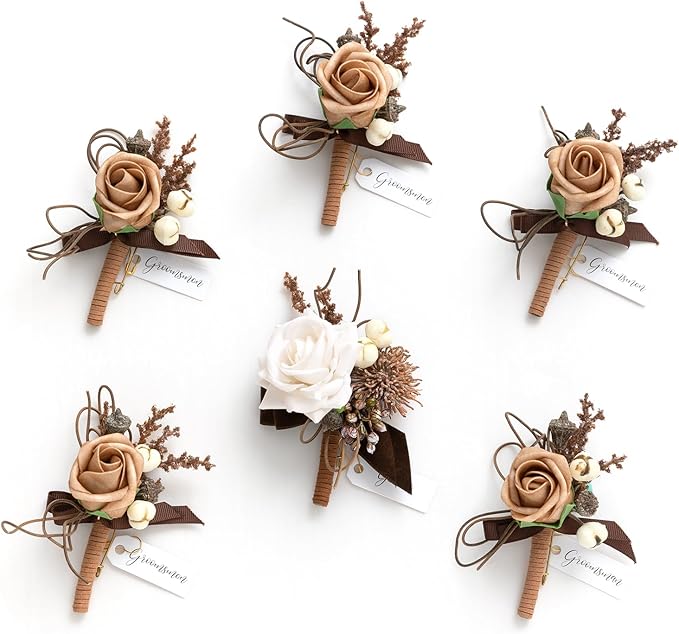 Ling's moment Boutonniere for Men, 6pcs Groom Groomsmen Boutonniere, Artificial Flowers for Wedding Decor/Prom/Homecoming, etc.Sand Beige White