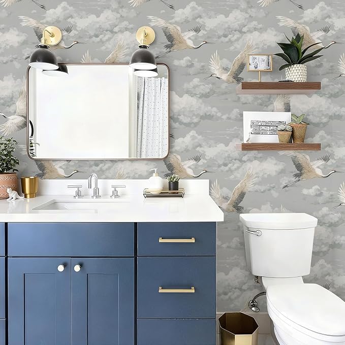 Peel and Stick Vintage Chinoiserie Animal Wallpaper Removable Grey Crane 17.7" x 236.22" Wall Paper Watercolor Self Adhesive Contact Paper for Classroom Bedroom Laundry Room Bathroom