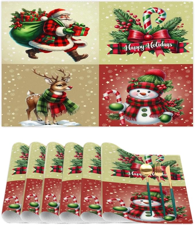 Christmas Waffle Santa Claus Cute Placemats Set of 6 PVC Vinyl Non Slip Table Mats Heat Resistant Place Mats Washable Wipeable Dining Table Mat for Kitchen Decor Party Indoor Outdoor Decorative Gift