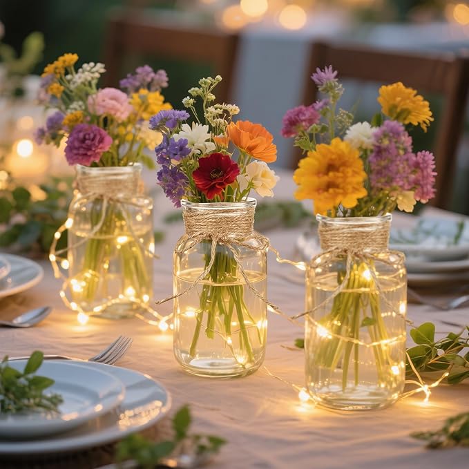 Vintage Glass Flower Vase Set of 8 Clear Vases with Hemp Rope for Farmhouse Wedding Centerpiece Cylinder Bottle for Reception Table Decoration Home Decor Floral Arrangements（Large）