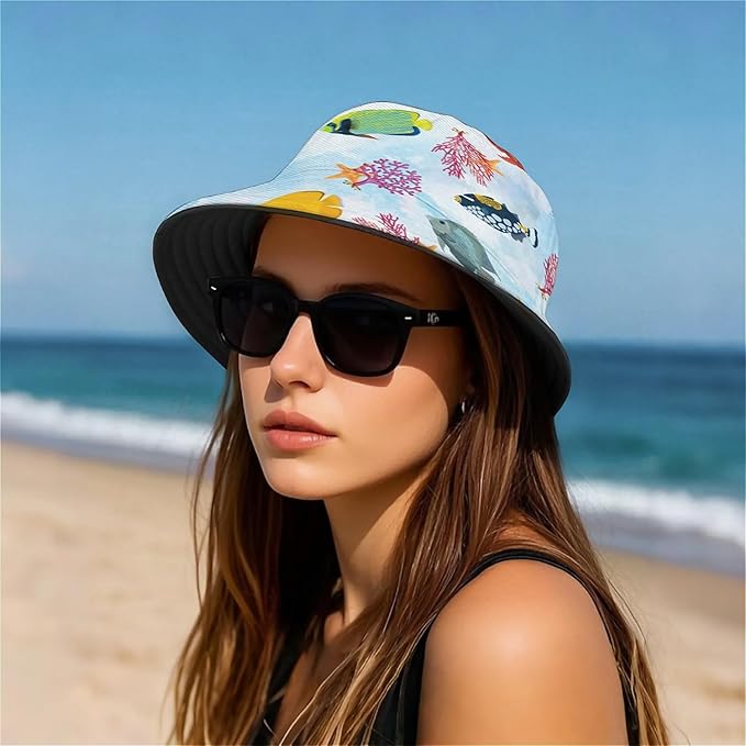 Bucket Hat for Women Men Unisex Sun Cap Packable Outdoor Fisherman Hat Headwear,Reversible Double-Side-Wear