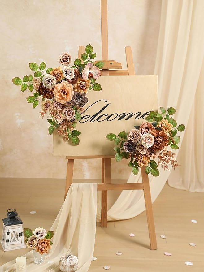 Coffee Artificial Flowers Combo Brown Silk Flowers Fake Roses Dahlia with Stems for DIY Wedding Bridal Bouquets,Table Centerpieces,Cake Floral Arrangement,Baby Shower,Birthday Home Decor
