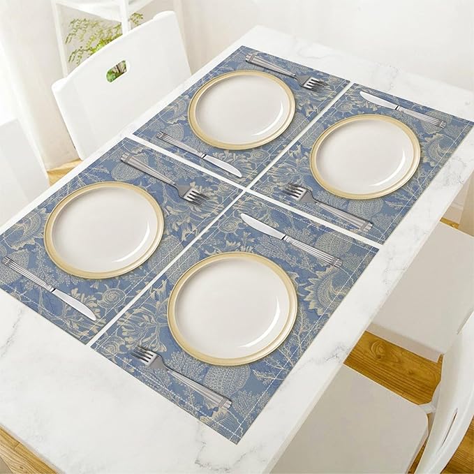 Nautical Themed Placemats Beach Coastal Coral Starfish Shell Art Printed Dining Table Mats Set of 4 for Restaurant Home Kitchen Holiday Picnic Party Decor 12x18in