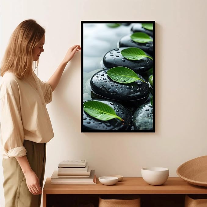 Glittering black stone cluster with fresh green leaves and water drops poster tranquil mist rain wall art zen wall art suitable for modern minimalist home decor 20x30in Metal blackFramed