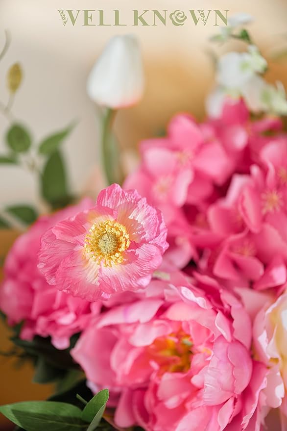 Artificial Flowers in Vase, WELL KNOWN Silk Hydrangea Bouquet and Peonies Artificial Flowers Table Centerpieces with Faux Water for Home Decor Fake Tulips Flower Arrangements for Table Decor (Fuchsia)