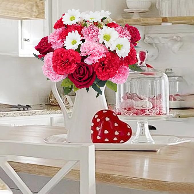 HUAESIN Artificial Valentine Flowers Pink Red Valentines Bouquet with Silk Carnations Velvet Roses Valentines Day Decor Flower Arrangements for Table Centerpieces Bedroom Dining Room