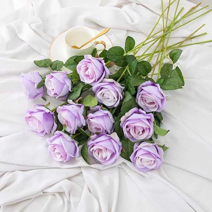 Hawesome Fake Roses Artificial Silk Flowers - 12 Pcs Purple Roses Artificial Faux Flowers with Stems for Home Wedding Centerpiece Hotel Office Decor