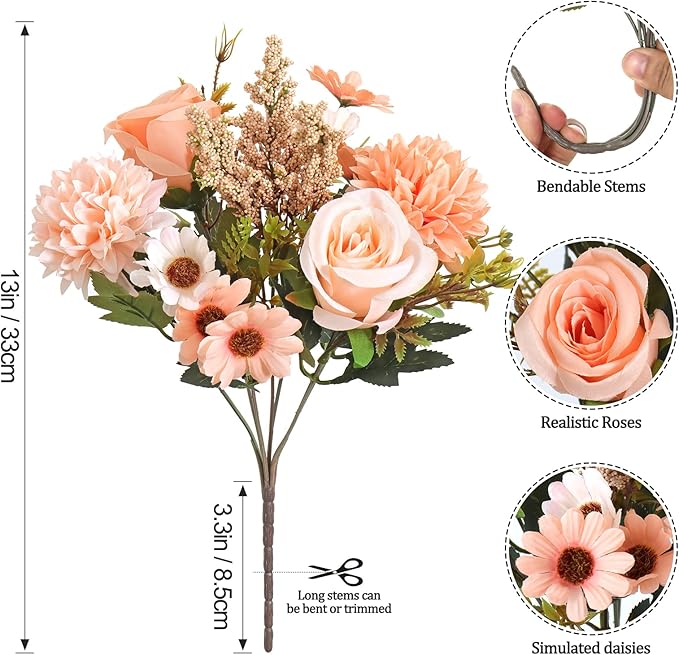Dremisland Artificial Flowers Like Real Artificial Bouquet 2 Packs Silk Artificial Roses Bouquet with Daisy Chrysanthemum Champagne Flowers for Centerpiece Table Wedding Party Home Decor