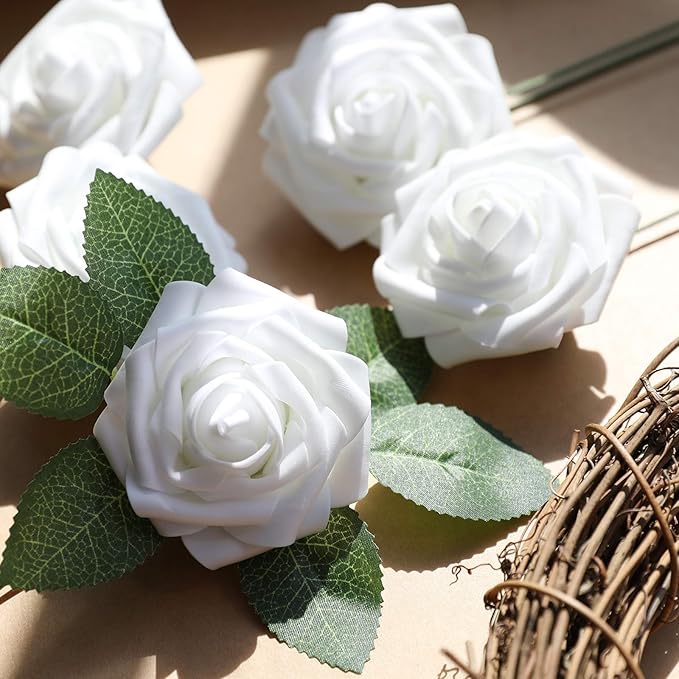 AmyHomie Artificial Flowers White Rose 100pcs Real Looking Fake Roses w/Stem for DIY Wedding Bouquets Centerpieces Arrangements Party Baby Shower Valentines Day Christmas Tree Decorations