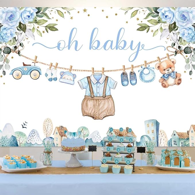 Sensfun Cute Clothes Baby Shower Backdrop for Boys Oh Baby Newborn Blue Floral Eucalyptus Leaves Adventure Baby Shower Party Decorations Banner Supplies Photo Booth Studio Props 8x6ft