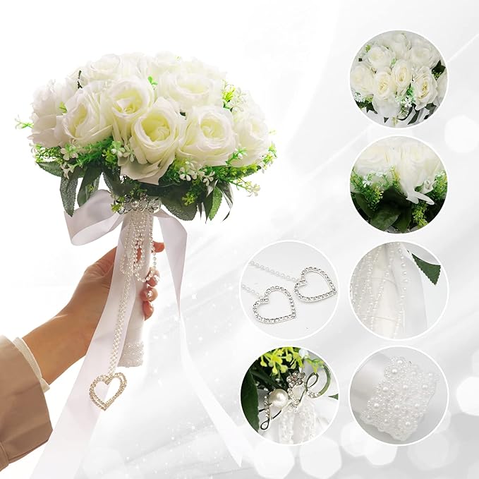Wedding Bouquets for Bride, White Bridal Bridesmaid Wedding Flowers with Silk Ribbon and Rhinestones, Artificial Toss Rose for Civil Ceremony