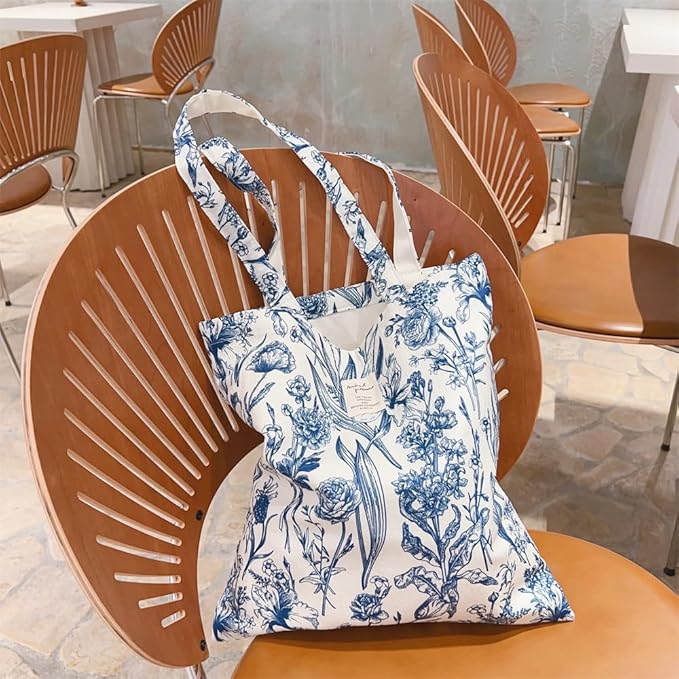 Cotton Canvas Tote Bag Reusable Soft Grocery Cloth Bag Floral Shoulder Bag for Beach Travel Shopping