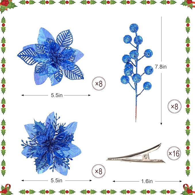 24 Pcs Royal Blue Boxed Christmas Poinsettia Flowers Set, 16 Pcs Artificial Poinsettias with Clips, 8 pcs Glitter Christmas Tree Ornaments Berry Stems for Wedding Home Holiday Xmas Decorations