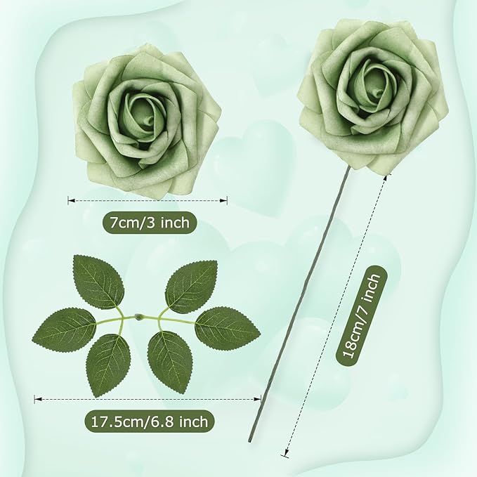 100 Pieces Artificial Foam Rose Flowers Faux Bouquet with Leaves and Stems for DIY Wedding Bouquets Centerpieces Bridal Shower Party Valentine Home Decorations(Gradient Green)