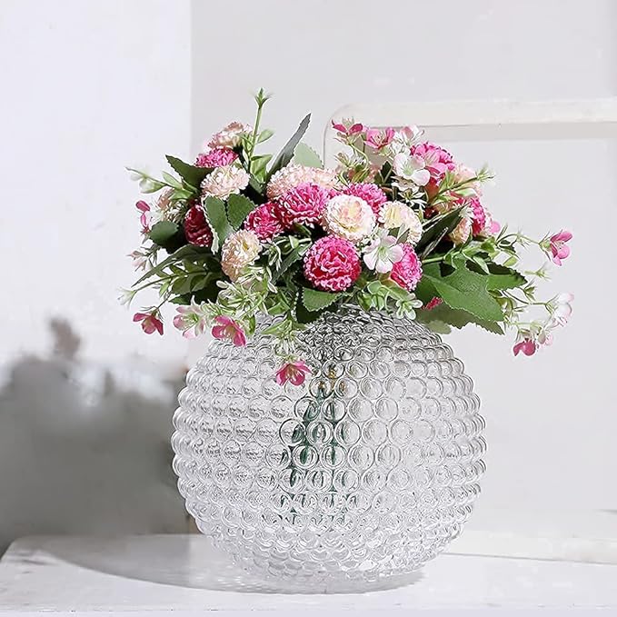 Magcolor Small Glass Round Vase for Weddings,Ribbed Crystal Glass Vase,Events, Decorating, Arrangements, Flowers, Office or Home Décor, Pack of 1 (6.9“ Tall 6.9“ Wide)