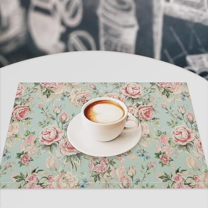 Pink Flowers Placemats Set of 8, 17x12 Inch Rustic Spring Floral Blossom Natural Romantic Table Mats for Home Party Kitchen Dining Decor