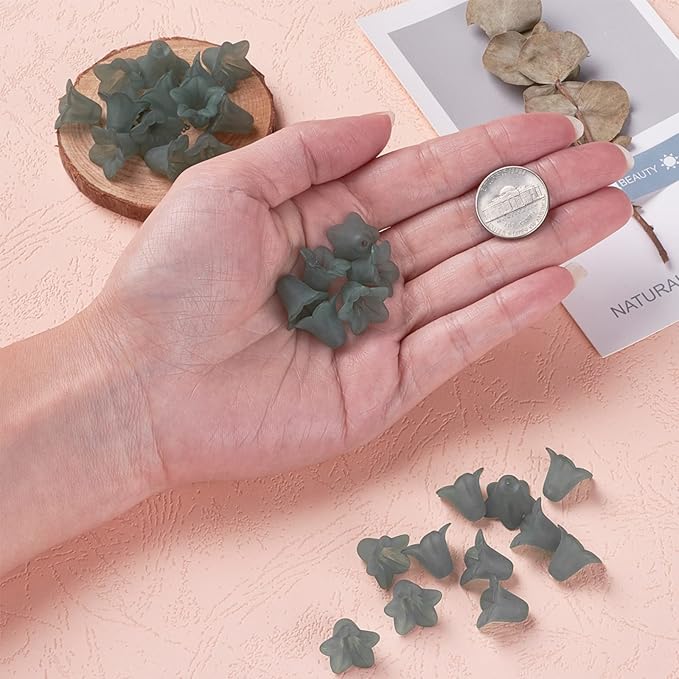 Crafans 50Pcs Frosted Acrylic Flower Beads 17.5x12x1.5mm Transparent Floral Pendants Clear Flower Bead Caps Loose End Spacer Beads for Jewelry Making Dark Green