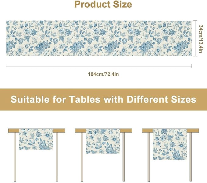 Blue Floral Table Runner, Spring Summer Sketch Wildflower Vintage Country Farmhouse Coffee Table Center Decor for Home Kitchen Dining Patio Holiday Party Table Decorations 13x90 inches