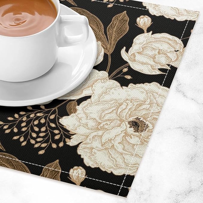 Black Gold Floral Placemats Set of 8, 17x12 Inch Abstract Vintage Rustic Flower Botanical Aesthetic Art Print Table Mats for Home Party Kitchen Dining Decor