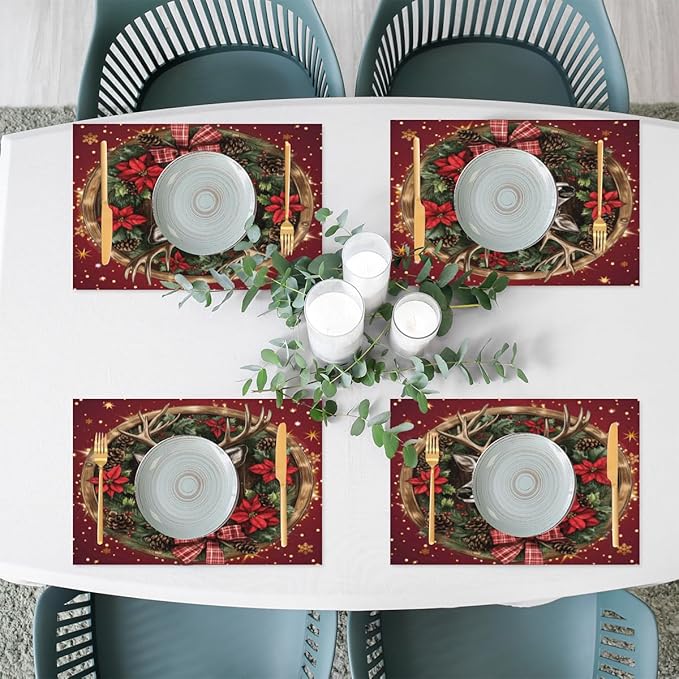 Xmas Christmas Reindeer Poinsettia Red Placemats Set of 1 PVC Vinyl Non Slip Table Mats Heat Resistant Place Mats Washable Wipeable Dining Table Mat for Kitchen Party Indoor Outdoor Decorative Gift