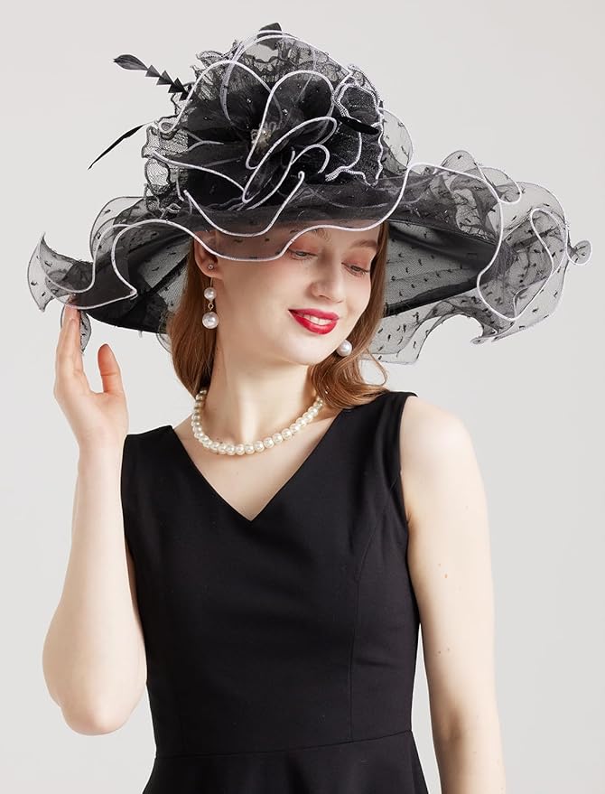 Organza Derby Hats for Women Wide Brim Fascinator Hat Rose Flower Wedding Tea Party Hat