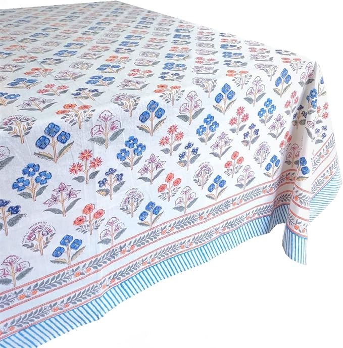 ATOSII Flora Bloom 100% Cotton Rectangle Summer Tablecloth, Block Print Floral Table Cloth Linen for Kitchen Dining I Parties Wedding Outdoors I Home Decor 60 X 108 Inches I 8 Seater I Memorial Day