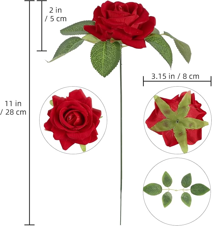 Red Artificial Roses 16pcs Velvet Roses Artificial Flowers 3.15" Fake Red Roses for Bridal Bouquet Wedding Flowers for Floral Centerpieces Home Party Decor