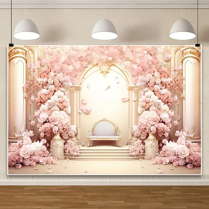 AOFOTO 10x7ft Wedding Backdrop Palace Hall Wall Spring Pink Flower Arch Background for Photography Bridal Shower Valentine's Day Prom Decoration Banner Girl Portrait Photo Booth Backdrop