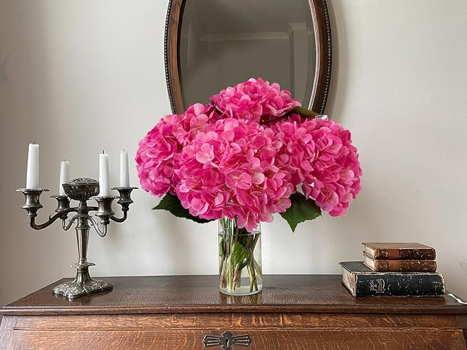YalzoneMet 4Pcs Magenta Silk Hydrangea Artificial Flower Rose Red Lifelike Big Blooms 20'' Long Stem Faux Hydrangea Flower Bouquets for Home Party Indoor Outdoor Wedding Table Centerpiece Decor