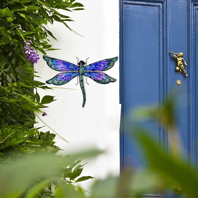 HONGLAND Metal Dragonfly Decor, Dragonfly Outdoor Wall Decor, Metal Wall Art, Wall Sculptures Gifts Hanging Decorations for Garden Yard Home-Blue 14 Inch